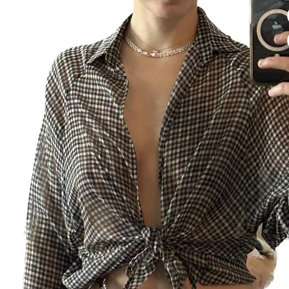 Silky Tartan plaid top that ties in front with a bow - Picture 1 of 3